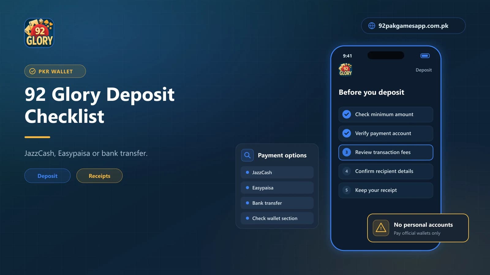 92 Glory deposit checklist with JazzCash, Easypaisa and bank transfer options