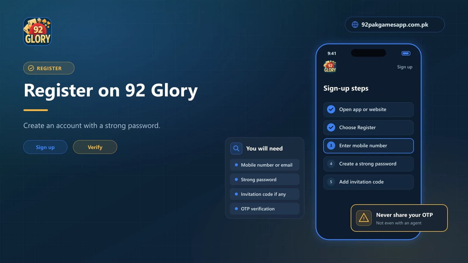 92 Glory register steps on a phone: open the app, choose Register, add number and password