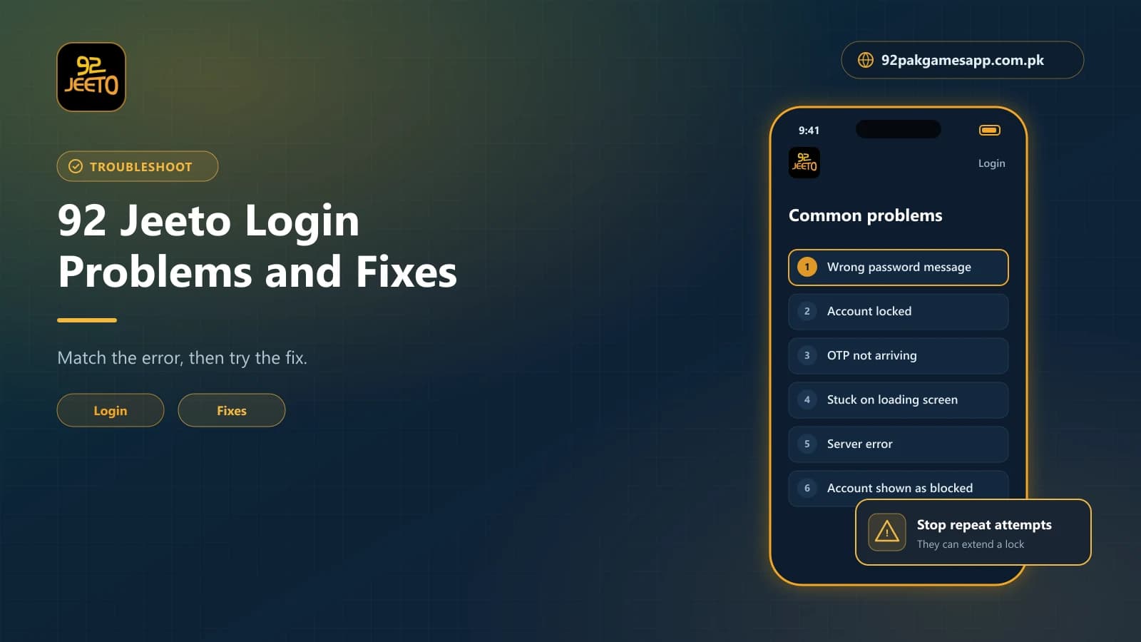 Common 92 Jeeto login problems such as wrong password, locked account, missing OTP and server errors