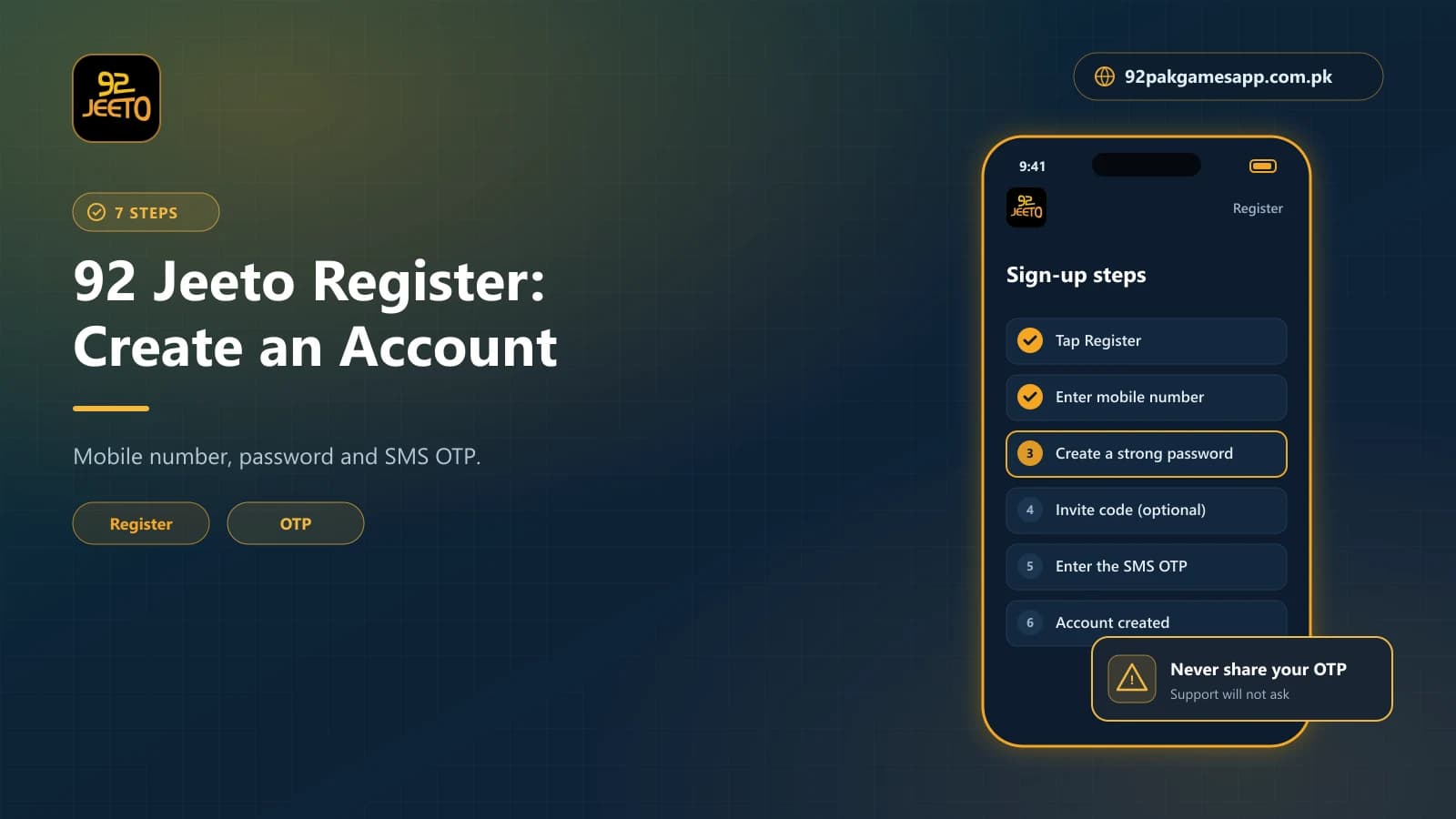 92 Jeeto register steps on a phone: mobile number, strong password, optional invite code and SMS OTP