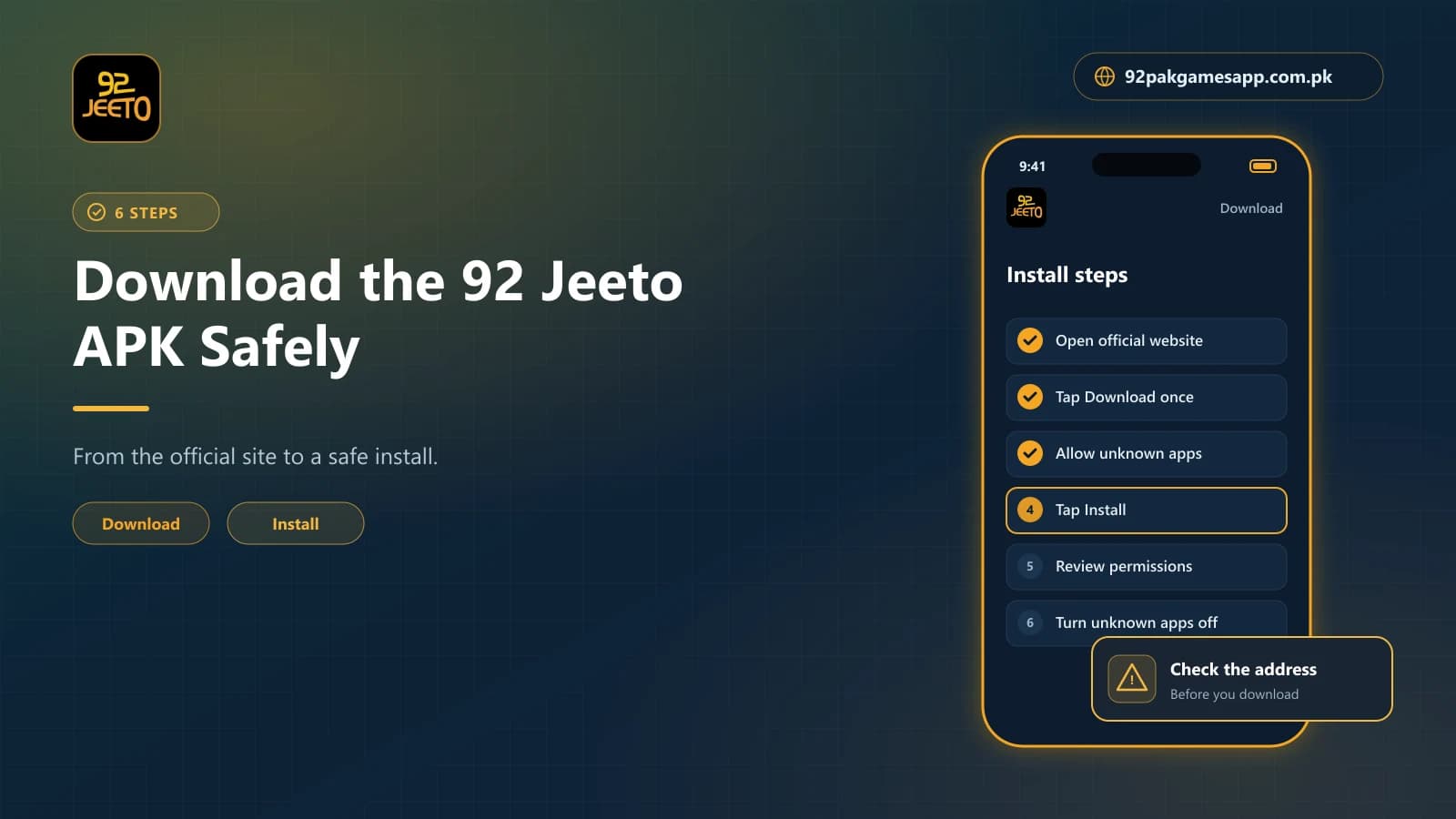 Six steps to download and install the 92 Jeeto APK on Android, from the official website to turning unknown apps off
