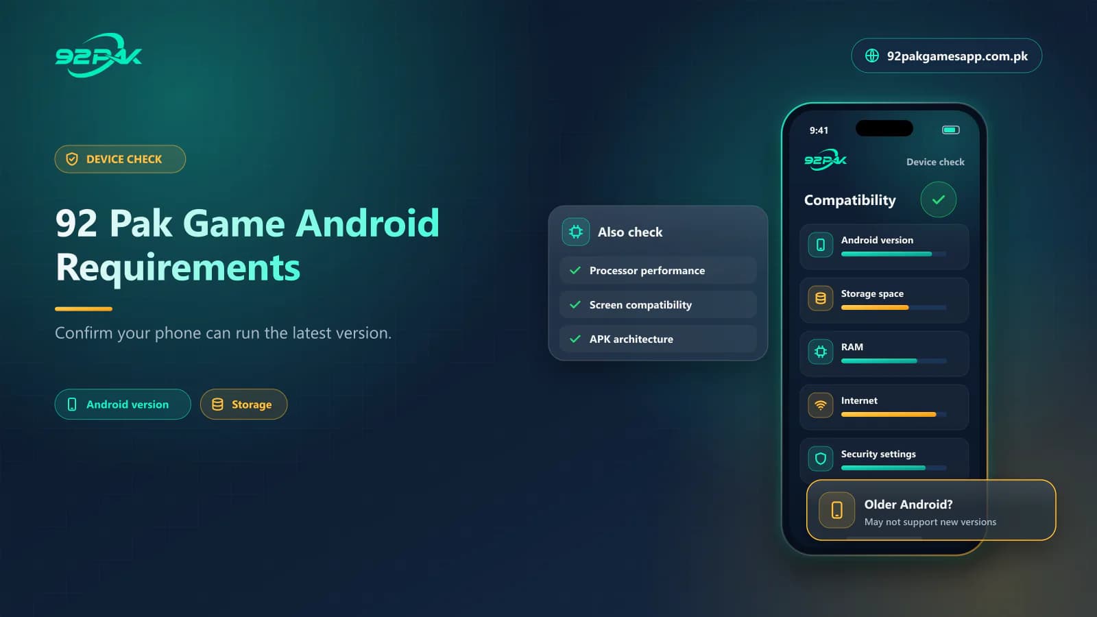 92 Pak Game Android requirements: Android version, storage, RAM, internet and security settings