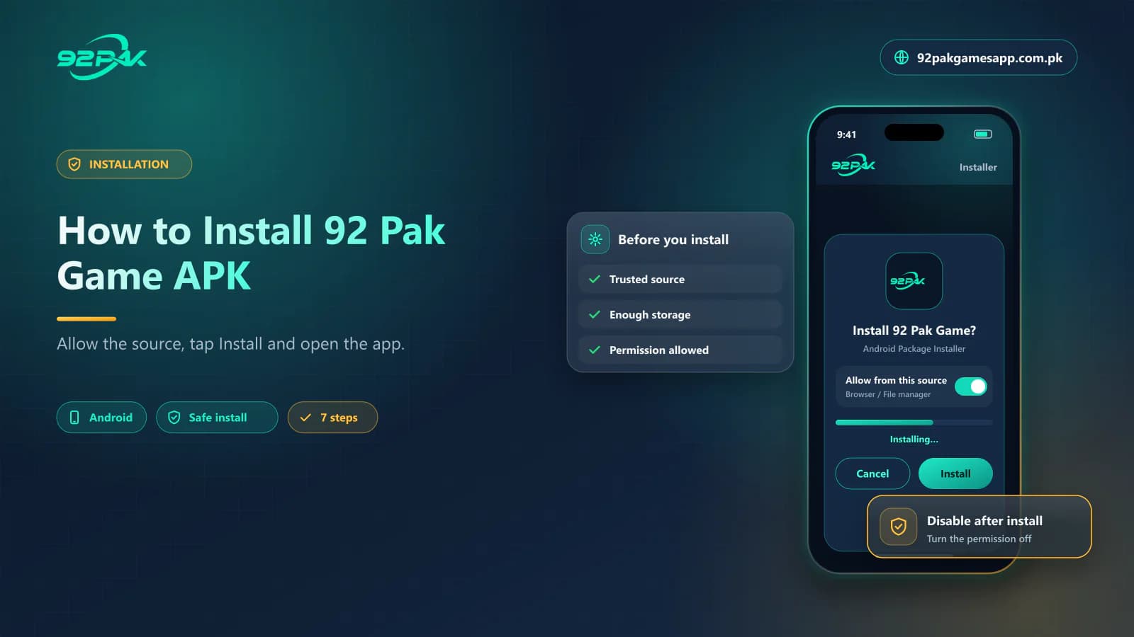 Android installer asking to install 92 Pak Game with the allow-from-this-source permission switched on