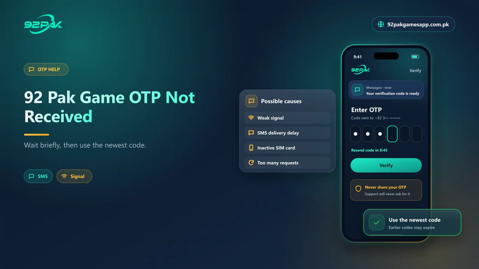92 Pak Game OTP verification screen with the reasons an SMS code may be delayed