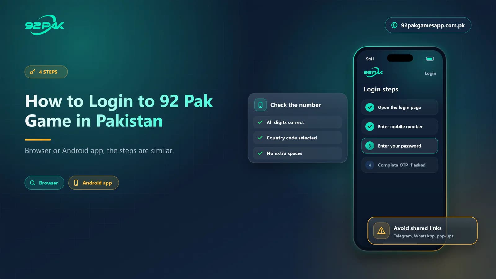 Four steps to log in to 92 Pak Game in Pakistan: open the login page, enter the mobile number, password and OTP