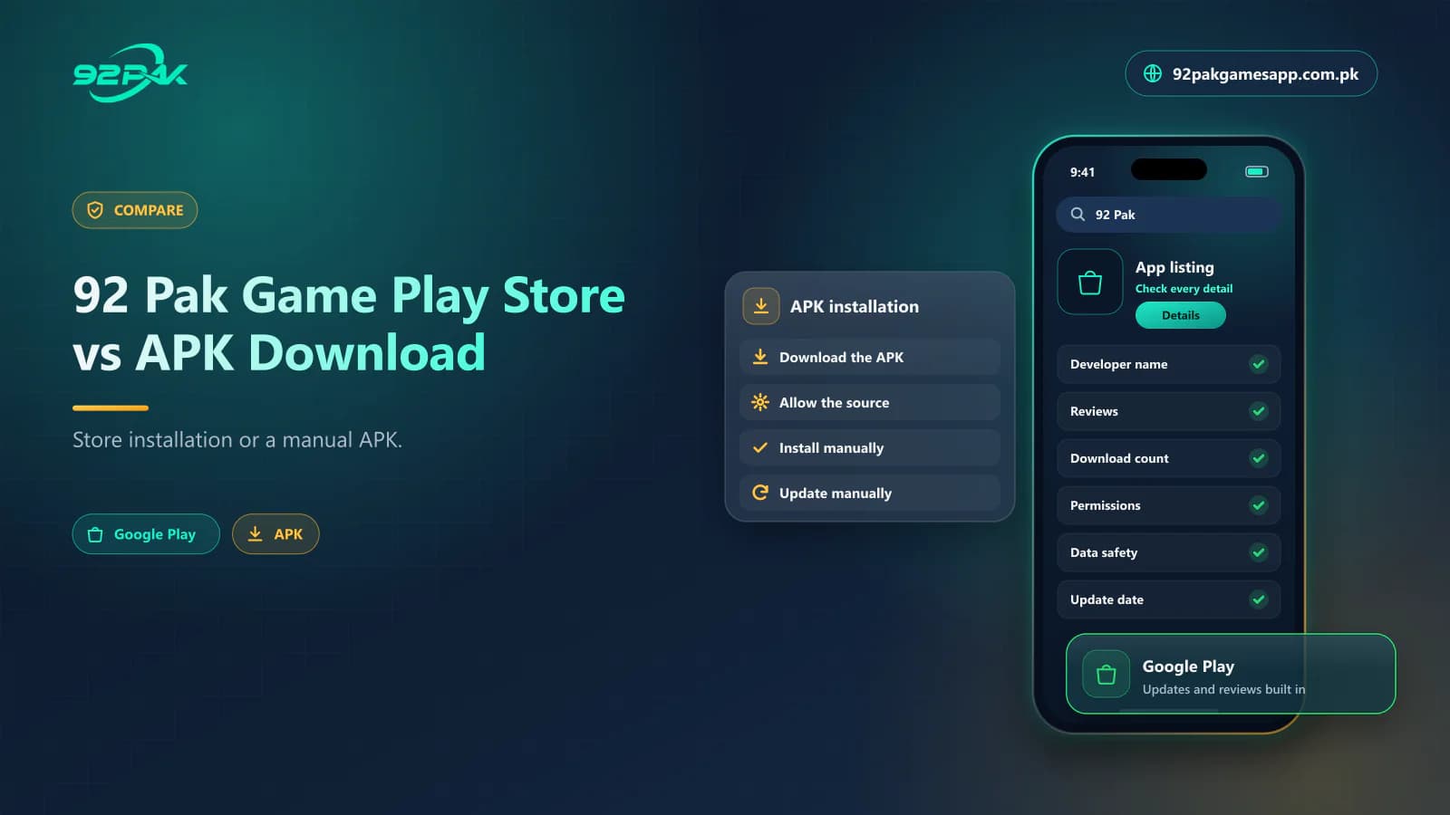 Comparison of a Google Play listing with manual APK installation for 92 Pak Game on Android