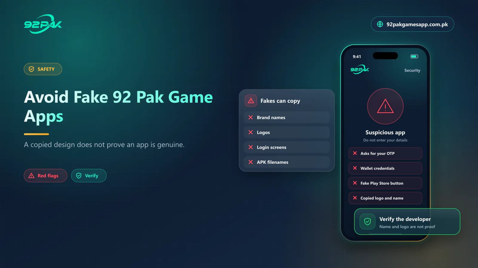 Warning signs of a fake 92 Pak Game app asking for an OTP or wallet credentials