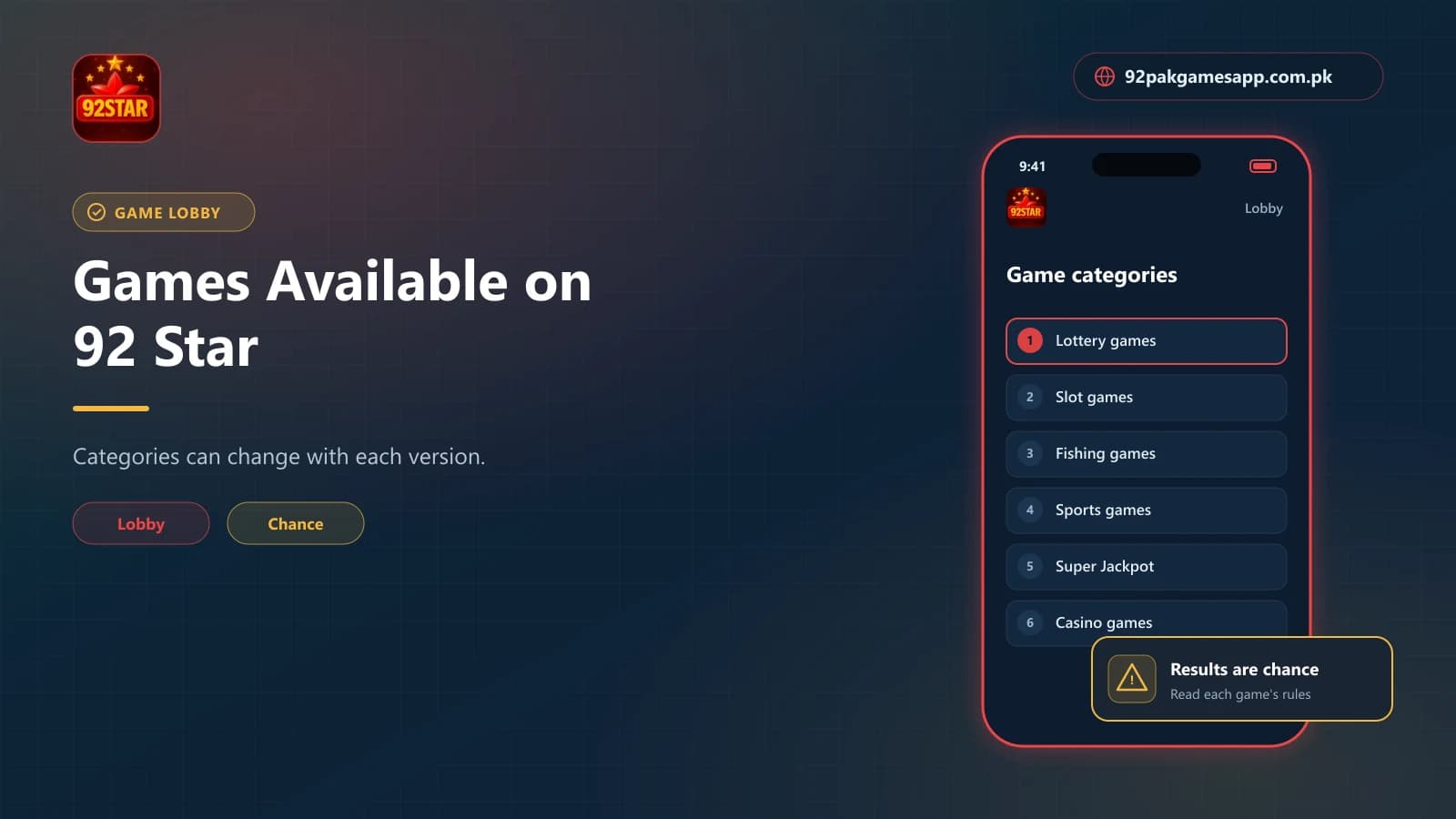 92 Star Game lobby categories including lottery, slots, fishing, sports, Super Jackpot and casino games
