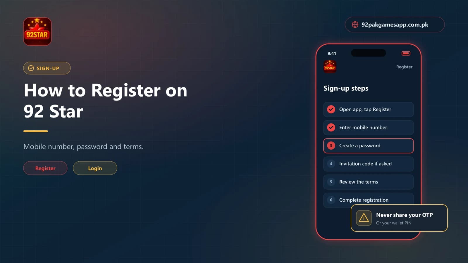 92 Star register steps on a phone: mobile number, password, invitation code and accepting the terms