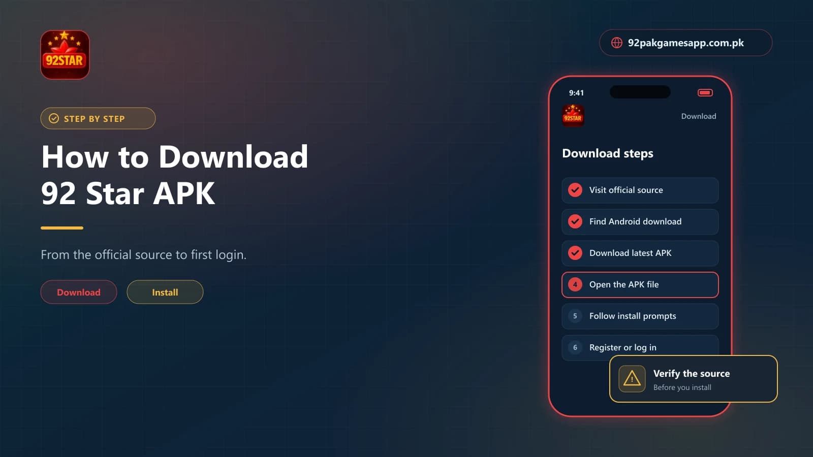 Eight-step checklist for the 92 Star APK download on Android, from the official source to first login