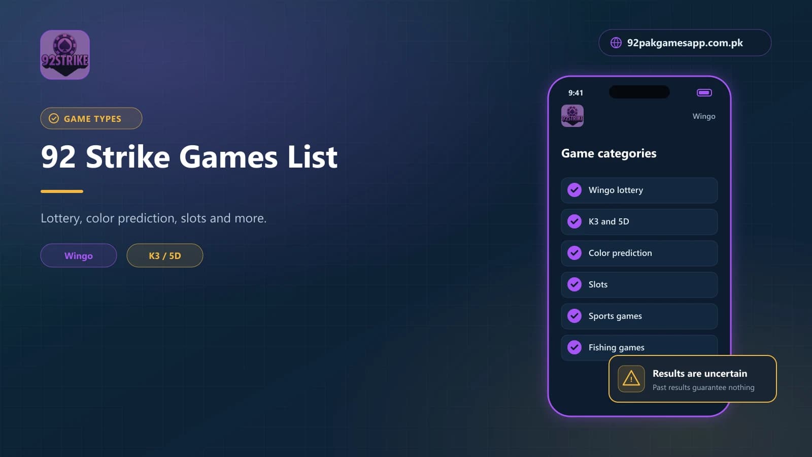 92 Strike games list with Wingo, K3, 5D, color prediction, slots, sports and fishing game categories