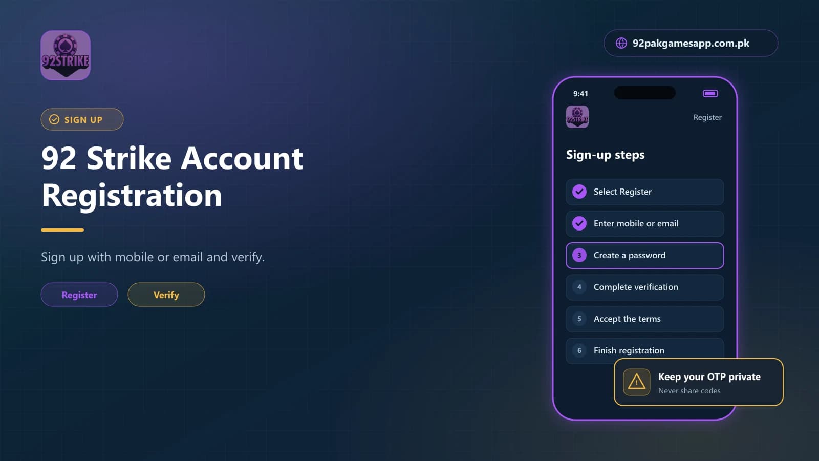92 Strike registration steps: select Register, enter mobile or email, set a password and complete verification