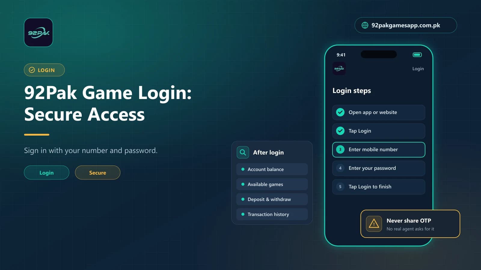 92pak game login steps on a phone screen, with what the dashboard shows and a warning never to share your OTP