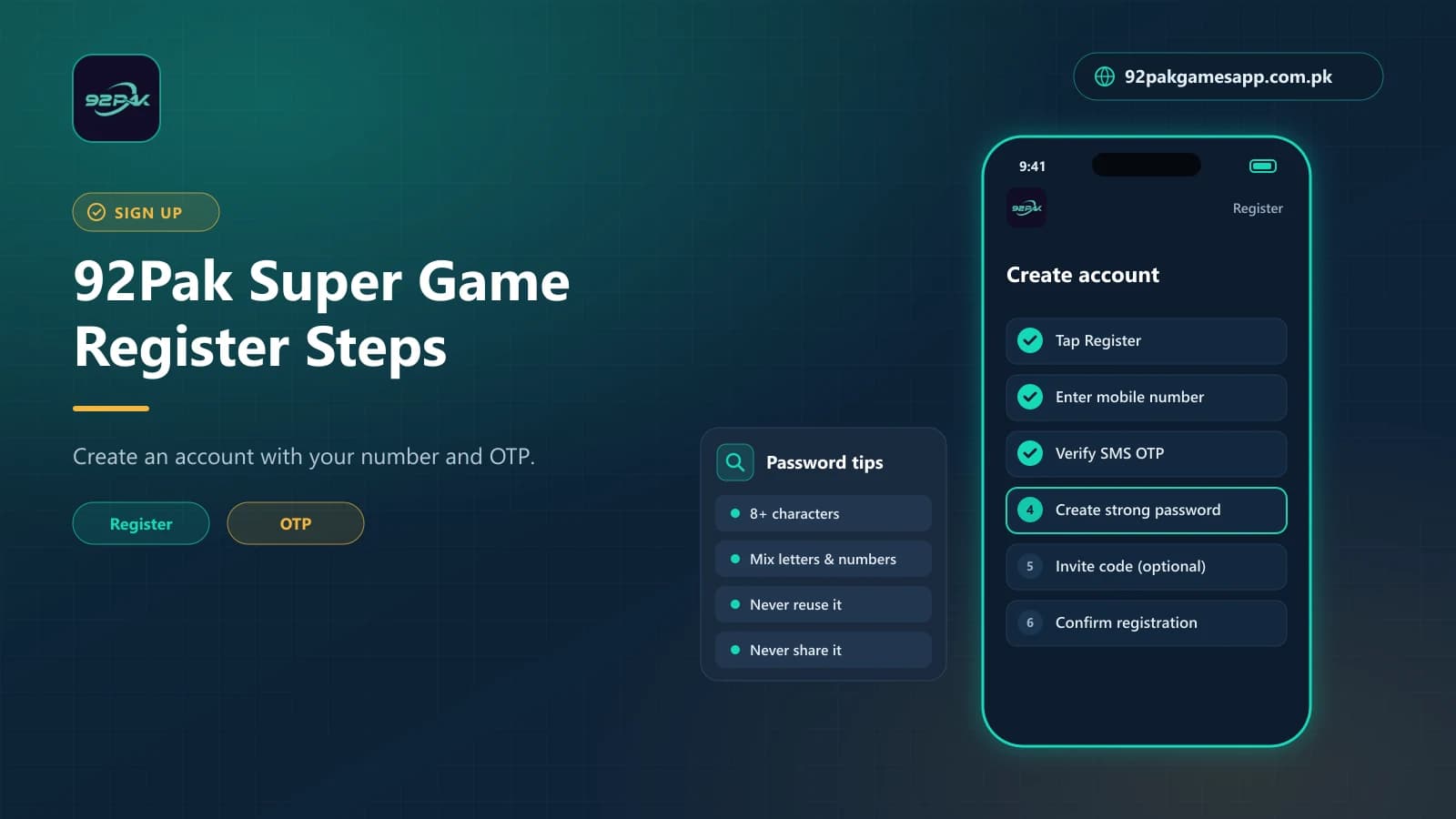 92Pak Super Game registration steps with mobile number, SMS OTP verification and strong password tips