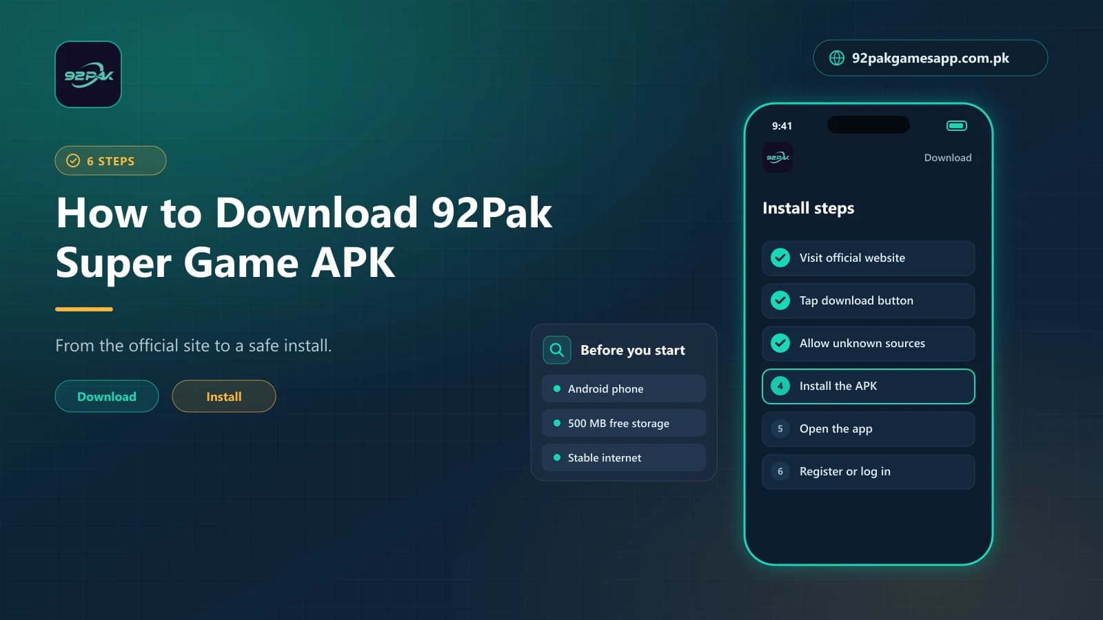 Six-step checklist for the 92Pak Super Game APK download, from the official website to installing on Android