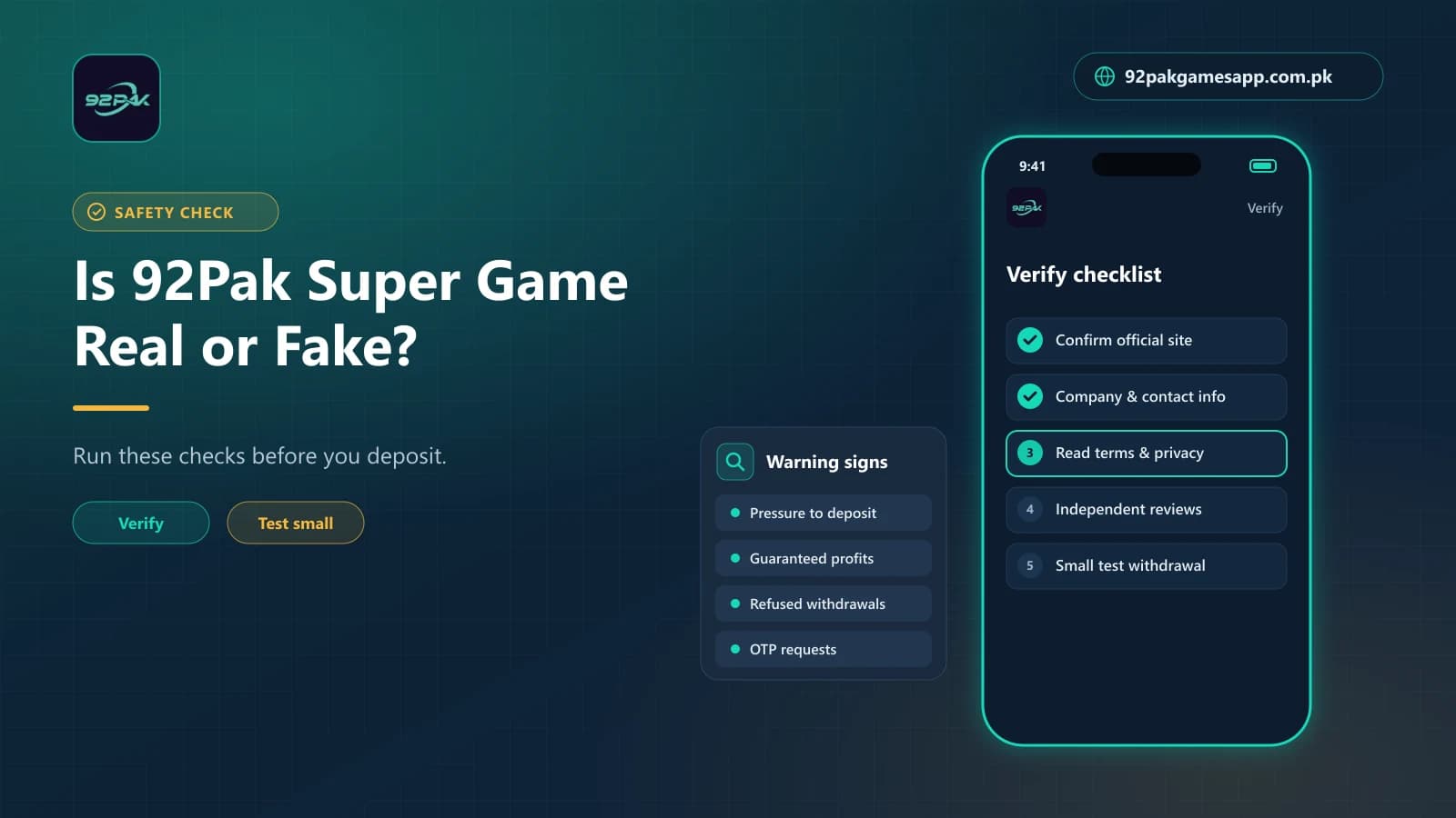 Checklist to verify whether the 92Pak Super Game is real or fake, with common warning signs to watch for