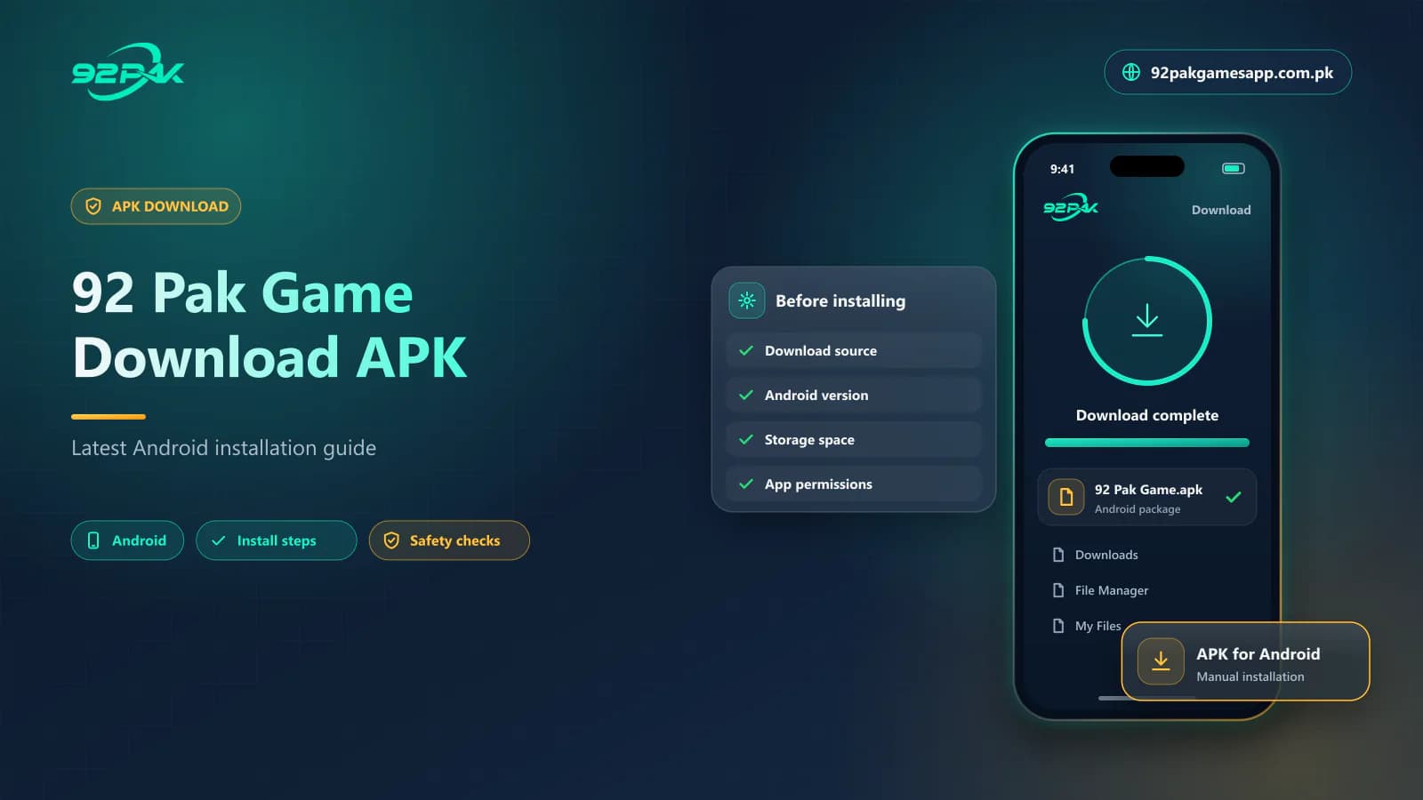 92 Pak Game Download APK 92 Pak Game Download APK guide cover showing an Android APK download on 92pakgamesapp.com.pk