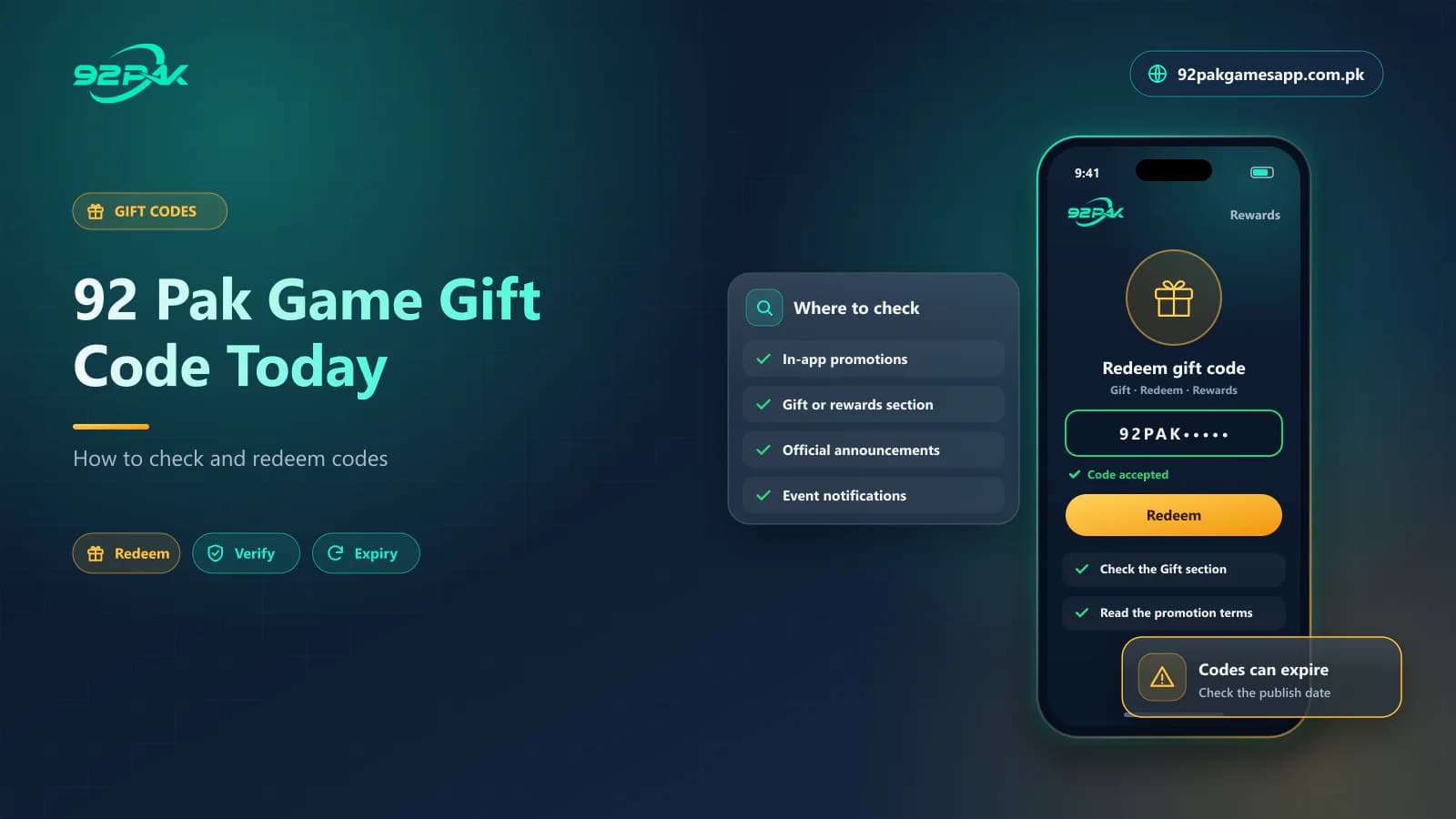 92 Pak Game Gift Code Today 92 Pak Game gift code today guide cover showing the redeem gift code screen, on 92pakgamesapp.com.pk