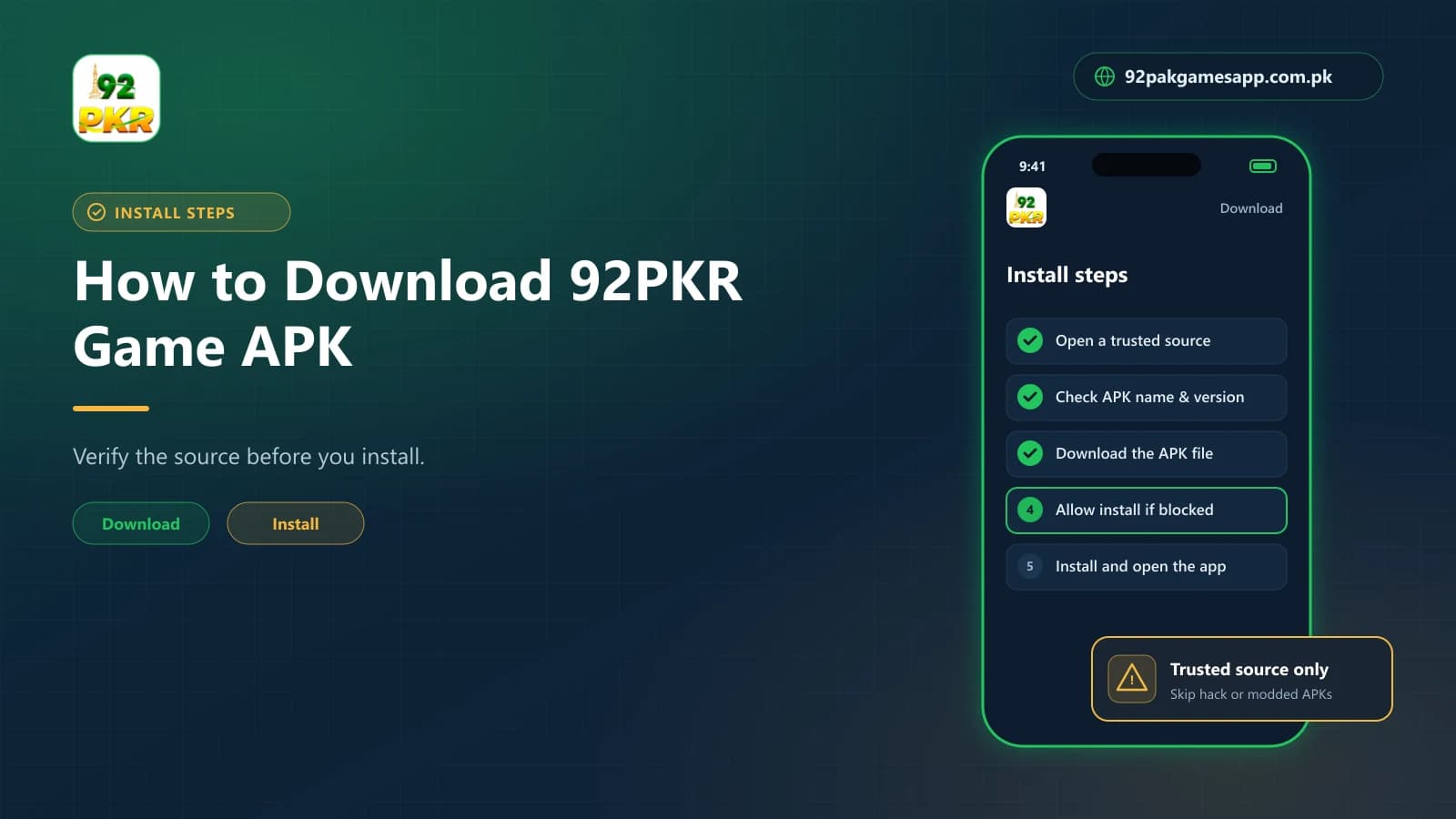 How to Download 92PKR APK Step-by-step 92PKR Game APK download and install checklist shown on an Android phone screen