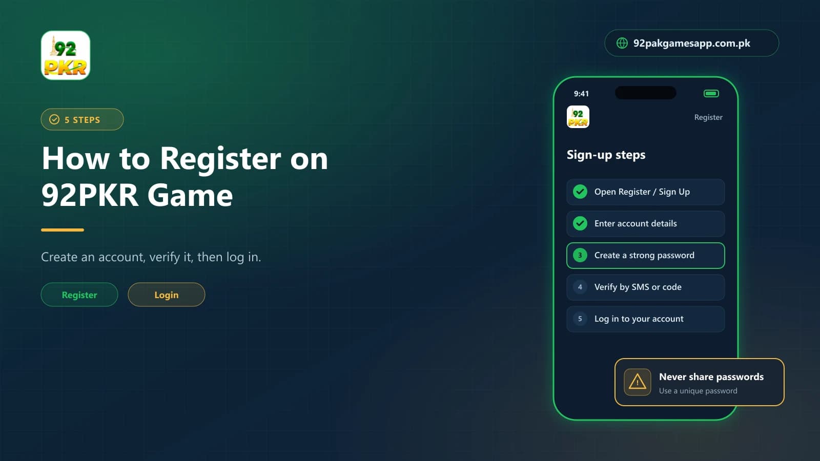 92PKR Registration Steps Five sign-up steps to register a 92PKR Game account, from opening Sign Up to logging in after verification