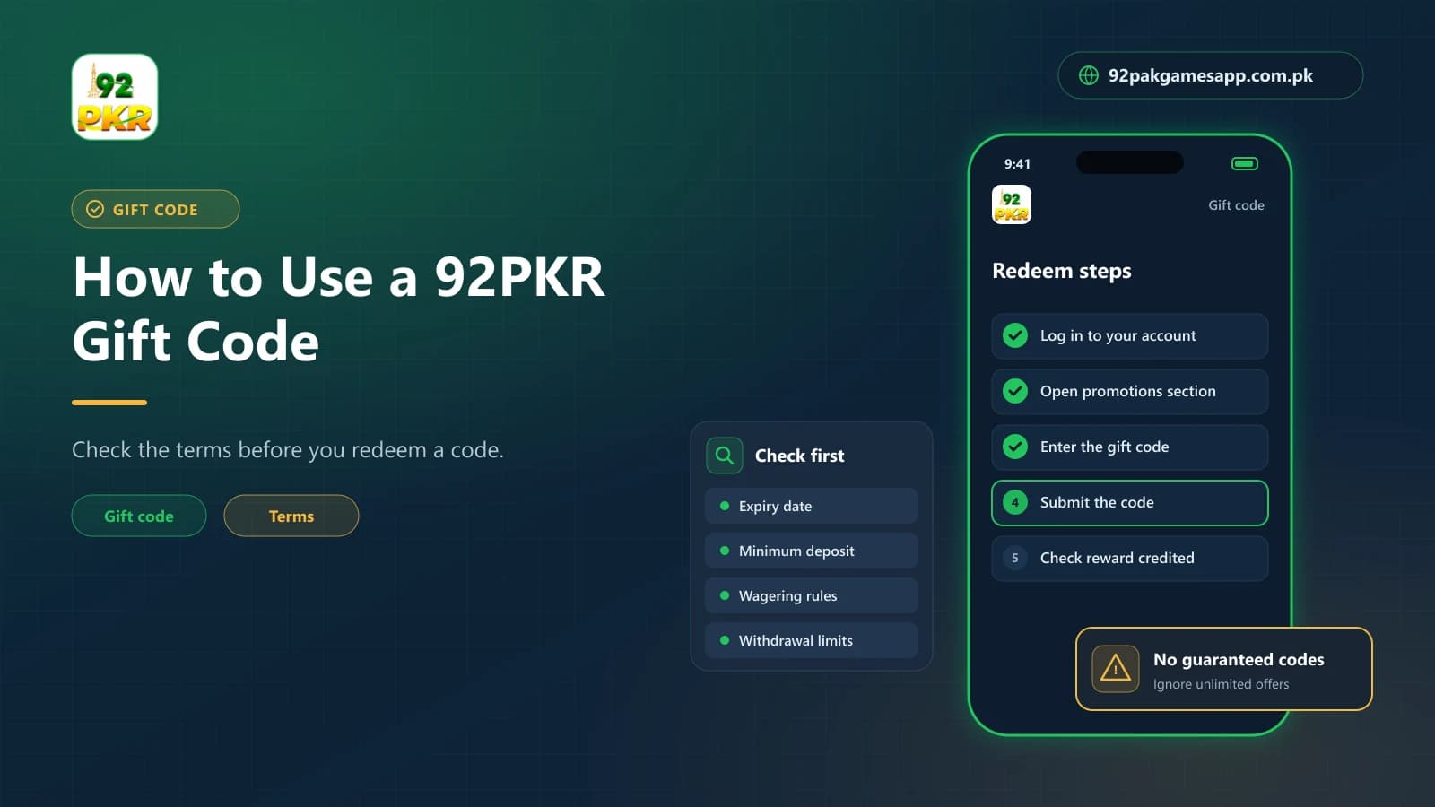 Redeeming a 92PKR Gift Code How to redeem a 92PKR gift code, with expiry, minimum deposit, wagering and withdrawal limits to check first