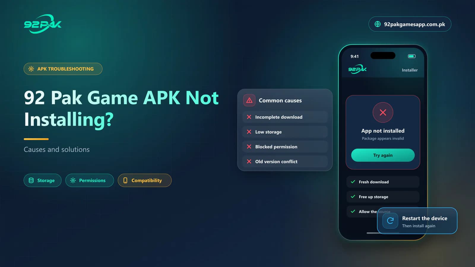 92 Pak Game APK Not Installing? 92 Pak Game APK not installing blog cover showing an app not installed error and fixes, on 92pakgamesapp.com.pk