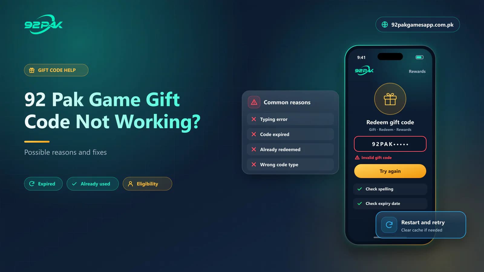 92 Pak Game Gift Code Not Working? 92 Pak Game gift code not working blog cover showing an invalid code error and fixes, on 92pakgamesapp.com.pk