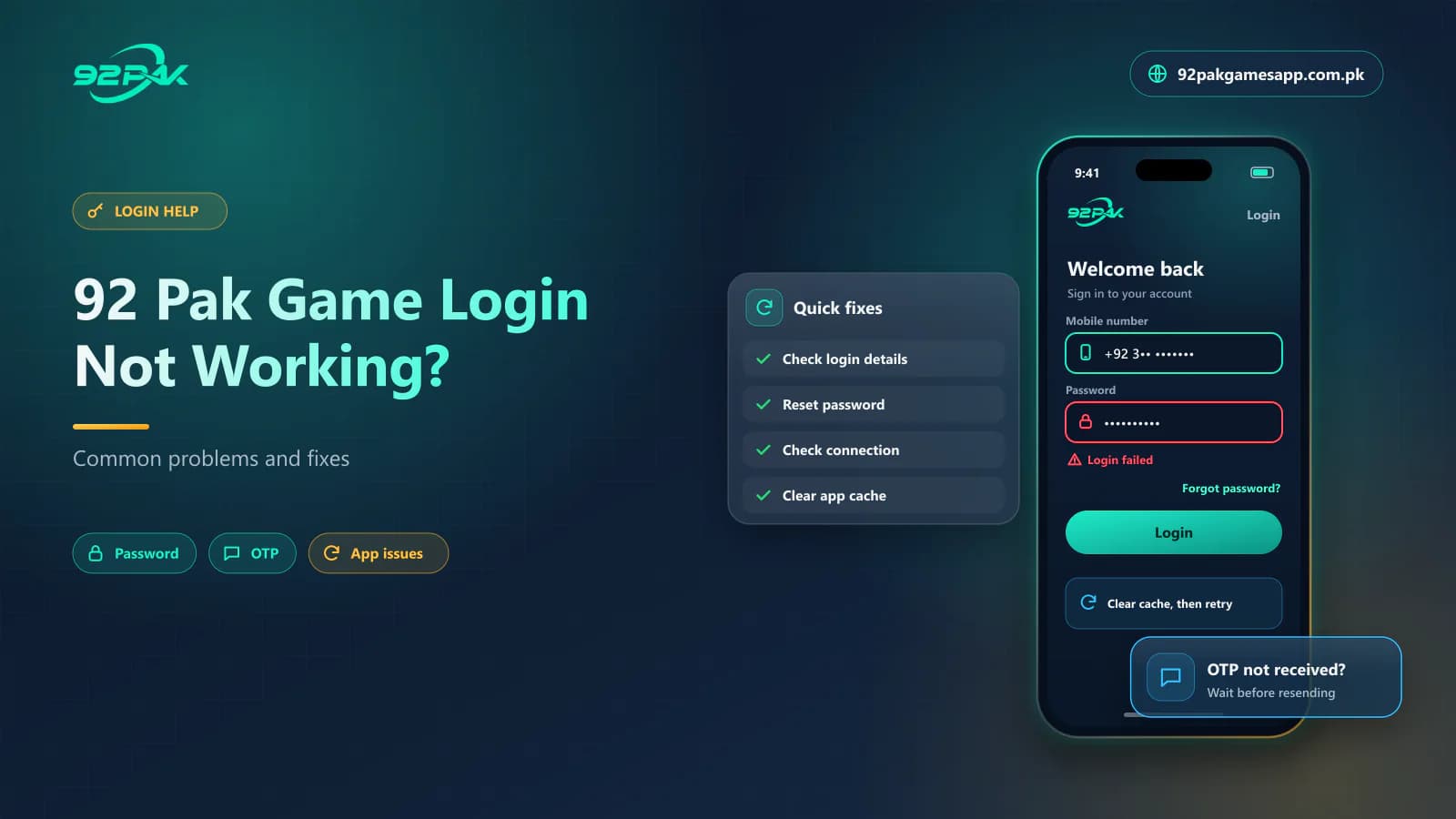 92 Pak Game Login Not Working? 92 Pak Game login not working blog cover showing a failed login and quick fixes, on 92pakgamesapp.com.pk