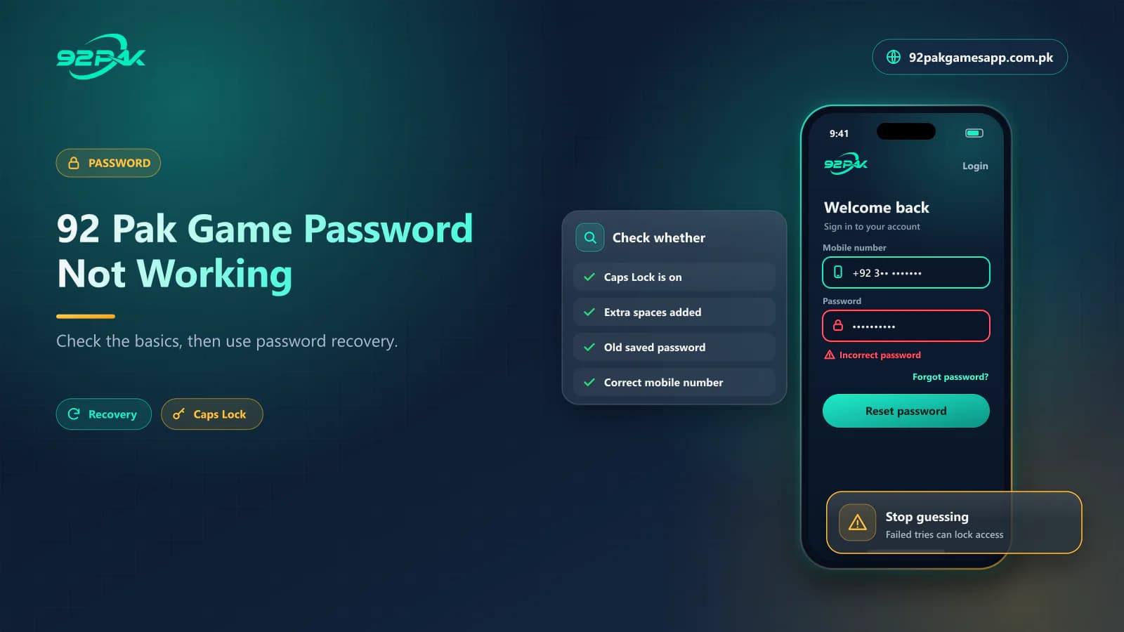 92 Pak Game Password Not Working 92 Pak Game login showing an incorrect password error with the reset password option