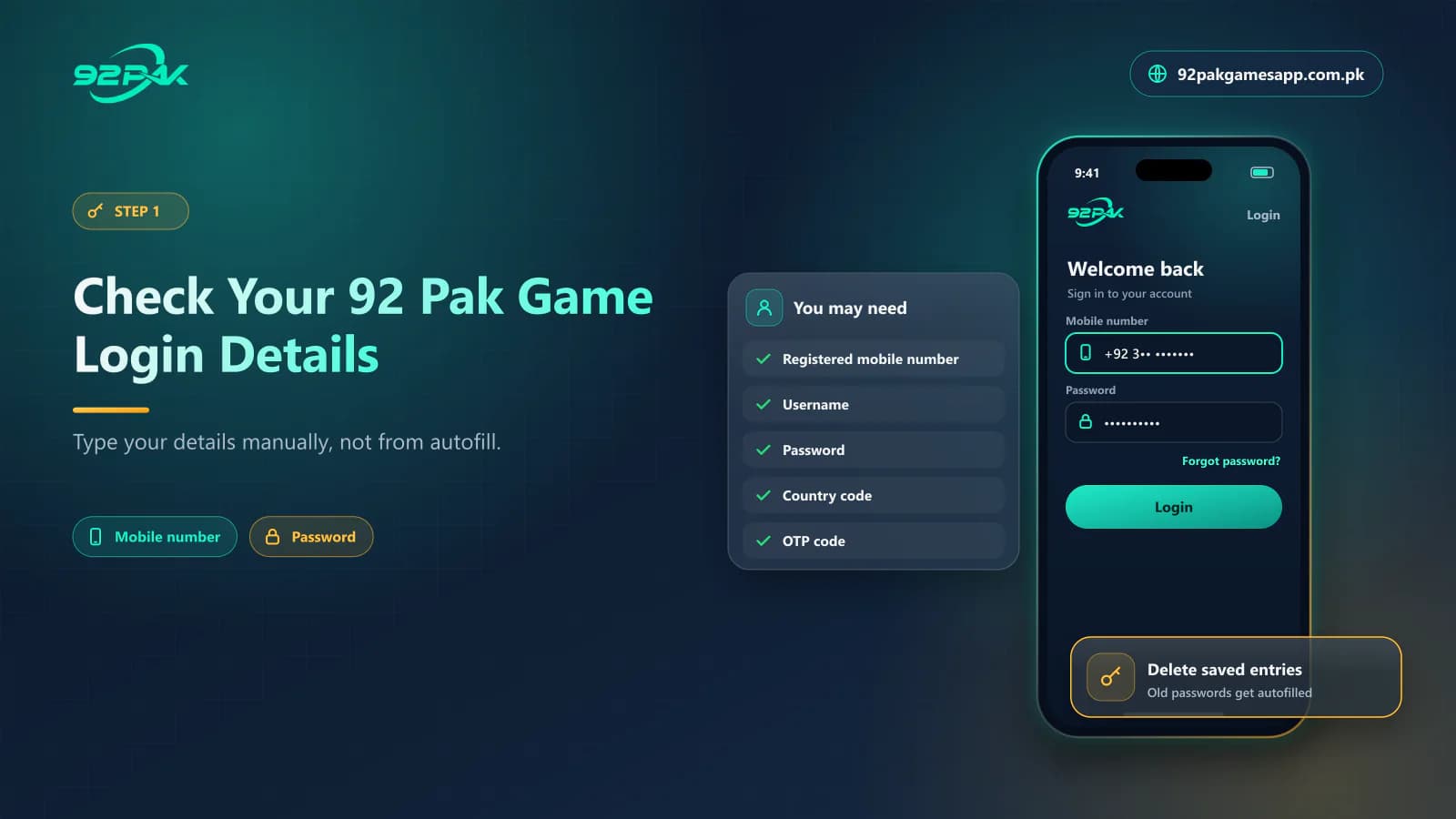Check Your 92 Pak Game Login Details 92 Pak Game login screen with the registered mobile number and password fields to check